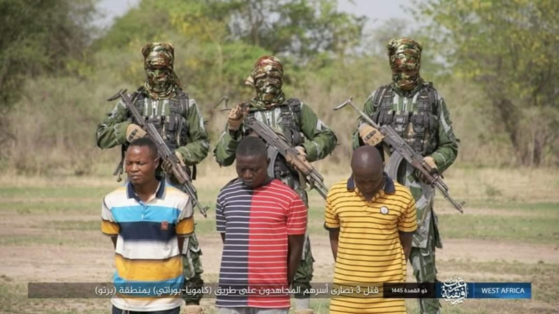 Screenshot from Islamic State in West Africa Propaganda Channel depicting martyrdom of Three Nigerian Christians on June 3, 2023. Credit AMAQ.