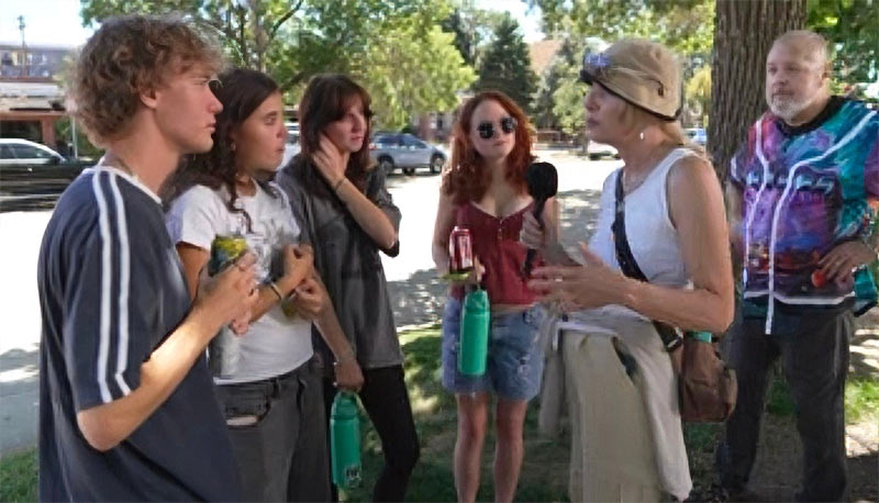 Dede and Wayne Laugesen speak with students who walked out of their classrooms on Friday, September 4, 2026, for a statewide anti-ICE protest that turned violent.